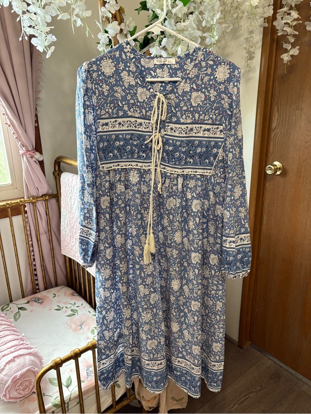 R Vibimos Blue Floral Midi Dress with Tassel Tie and Long Sleeves - Picture 2 of 5